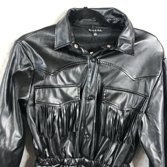 Strut and Bolt Mini Romper Womens S Black Vegan Leather Fringe Whimsigoth NEW - Picture 2 of 16